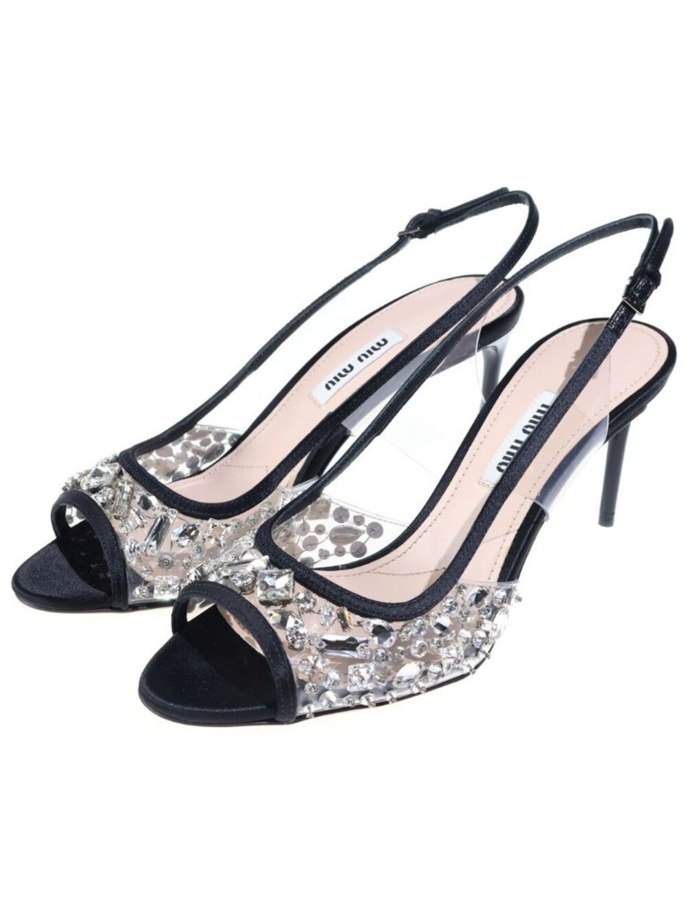 Miu Miu Crysrtal Embellished Sandals Crystal Bijou Decoration Heels Shoes Black